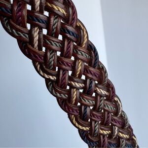 Beautiful Woven Leather Belt Womens L Brown Blue Purple Cream Gold Accent Pretty
